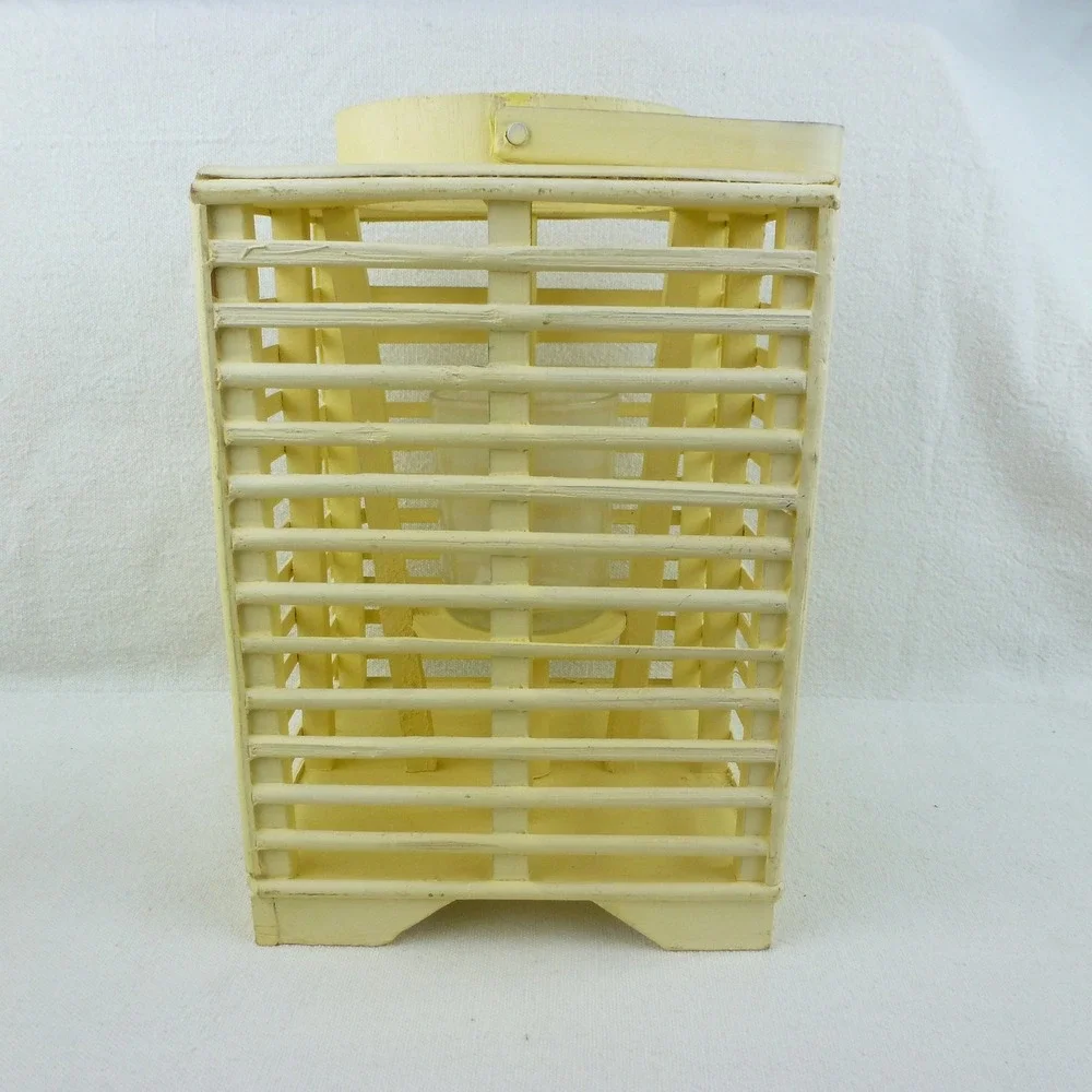 Vintage Yellow Wooden Slatted Lantern Candle Holder with‎ Glass Insert
